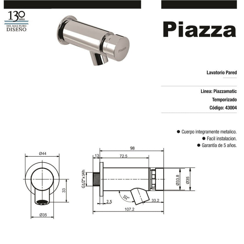 Lavatorio de Pared Temporizado Piazza Piazzamatic (43004)